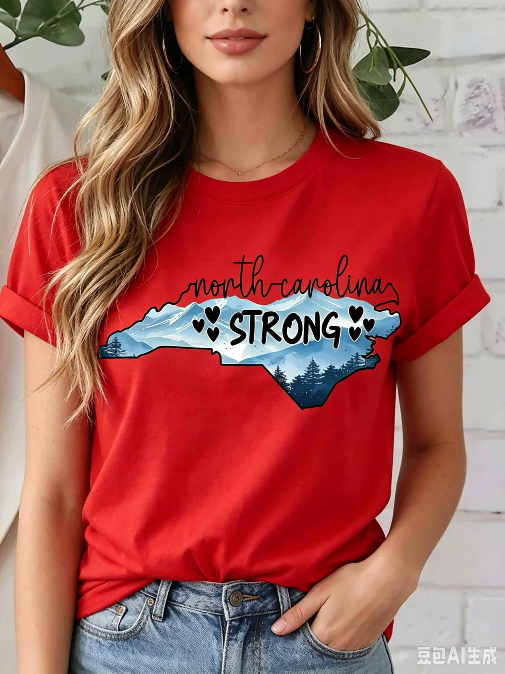 Cotton 100% Women North Carolina Strong Hurricane Helen Graphic T-Shirt Mountain Map Print Crew Neck Casual Short Sleeve Tee
