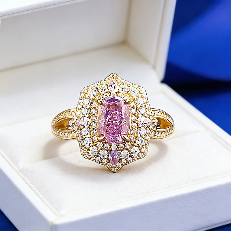 luxury real gold jewelry 24k certifid high carbon diamond ring one carat purple taro color ice flower proposal diamond ring