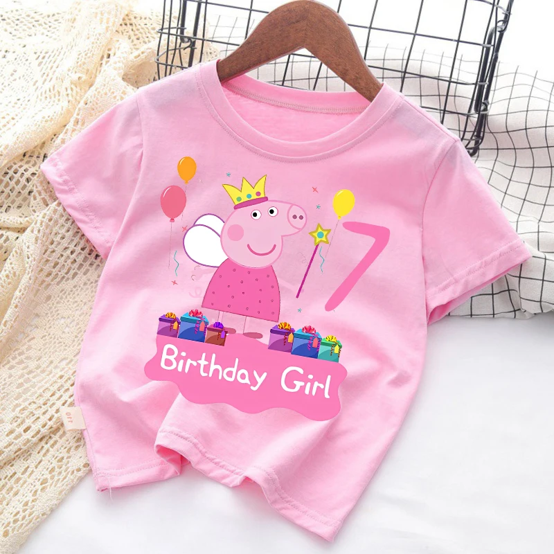 

Peppa Pigs Birthday Number T-shirt Children Cartoon Tee Top Pink Anime Pattern Clothes Girls Kawaii Short Sleeve Clothing Gift