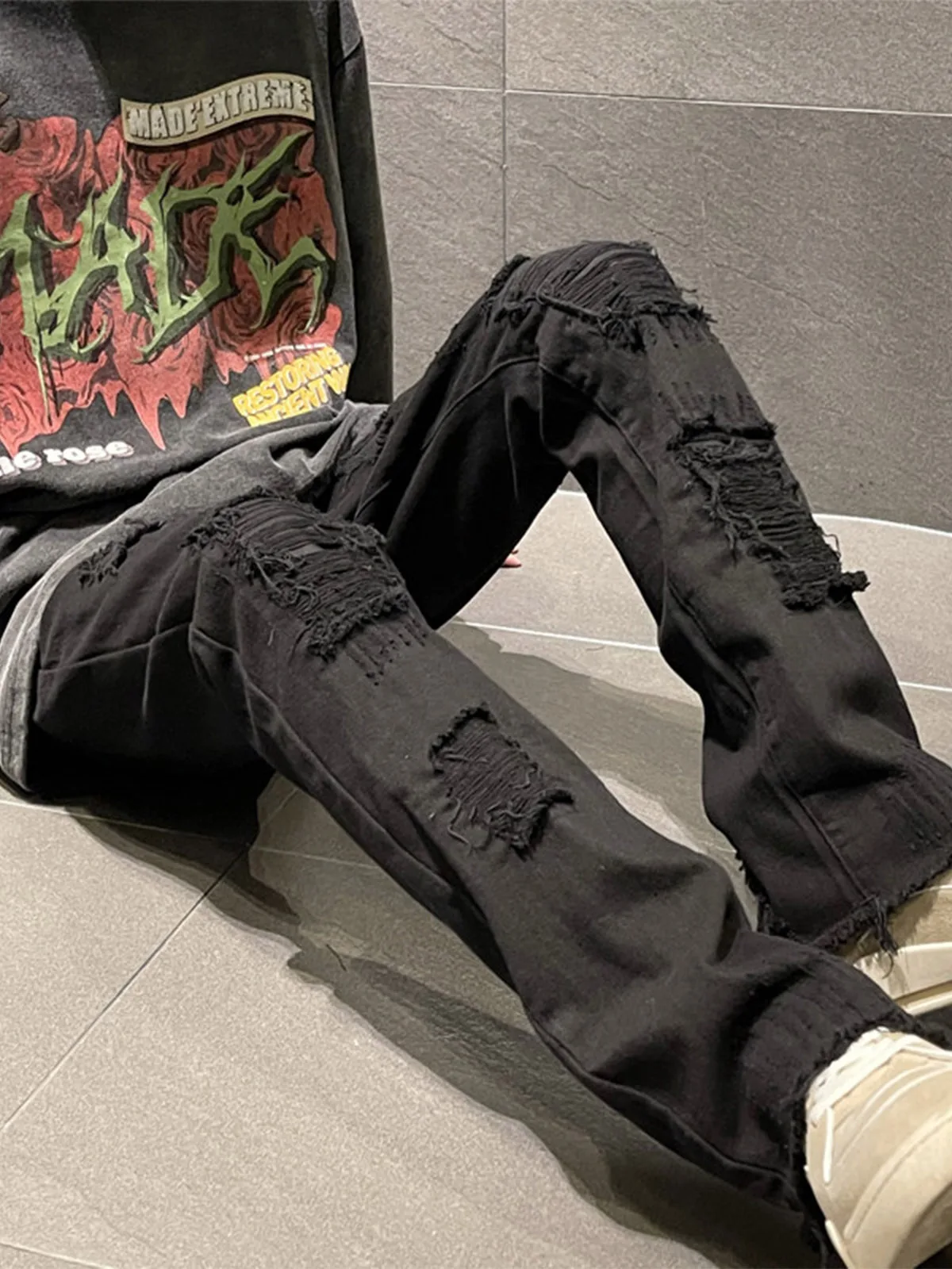 

High Street Vibe Frayed Hem Denim Jeans Men's Women's Slim Fit American Hip Hop Hole Design Straight Leg Pants