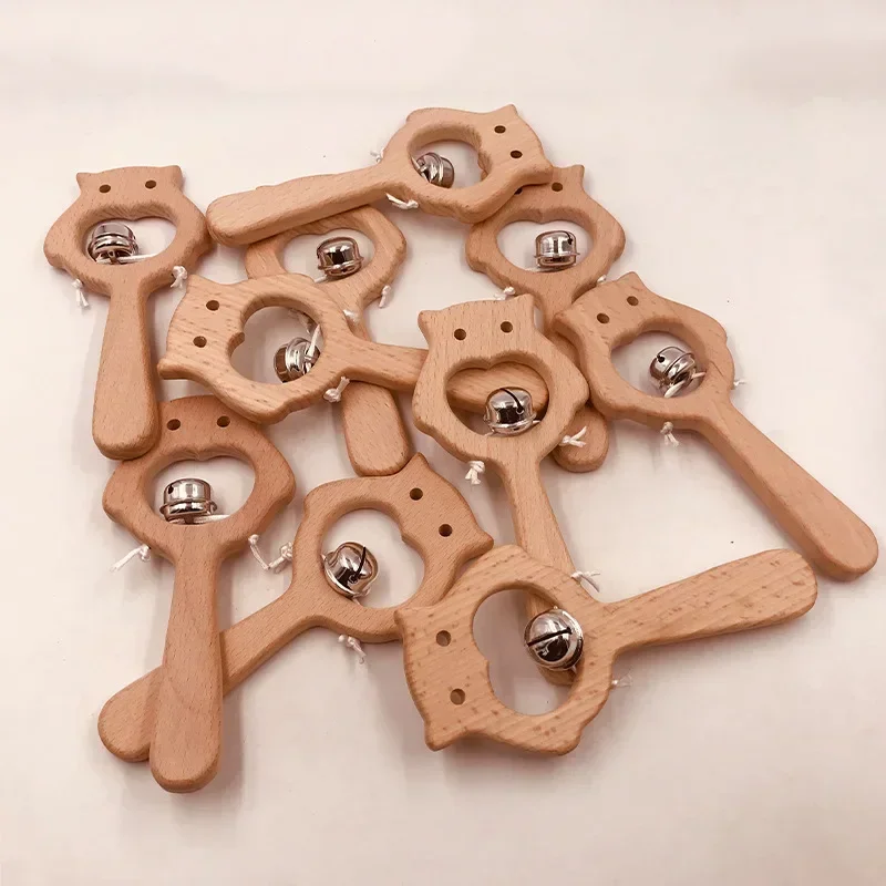 Wooden Rattle Beech Bear Hand Teething Wooden Ring Baby Rattles Play Gym Montessori Interactive Toys for Kids Educational Toys