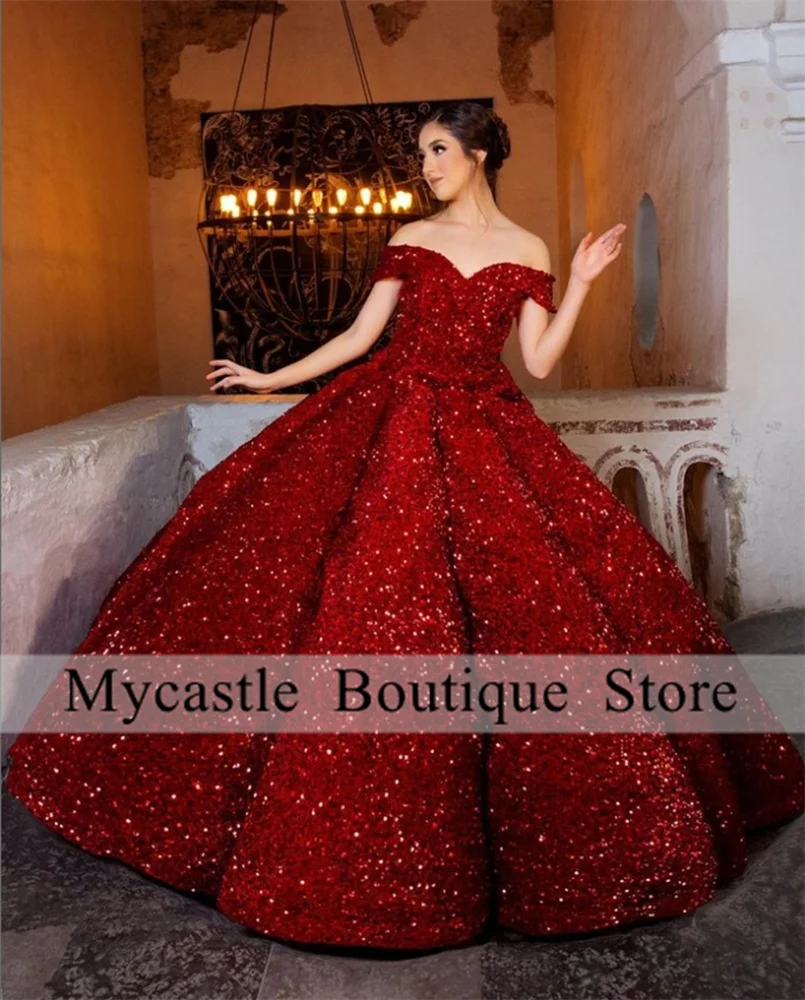 

Sparkly Red Sequin Quinceanera Dresses 2024 Off Shoulder Puffy Ball Gown Prom Dress Vestidos De 15 Años Wedding Gowns Custom