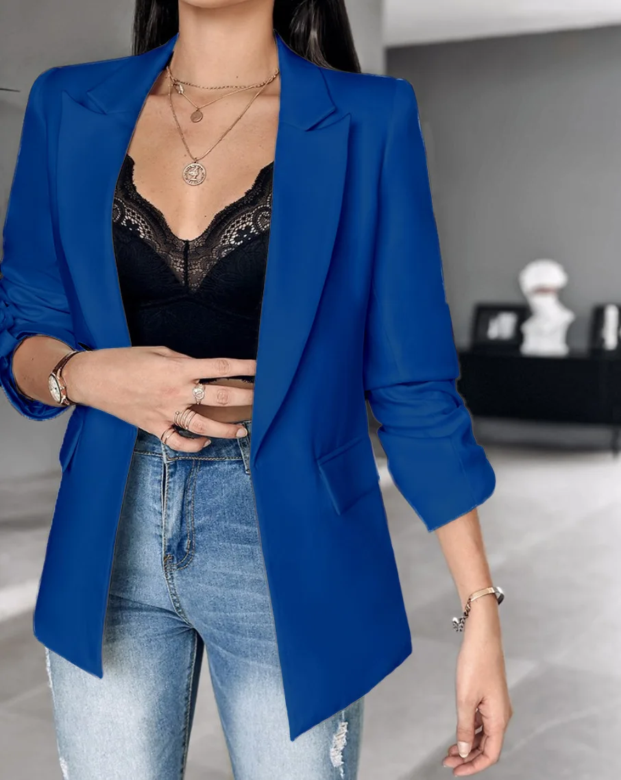 Women Lapel Open Front Blazer Ruched Long Sleeve Casual Office Suit Jacket With Pockets