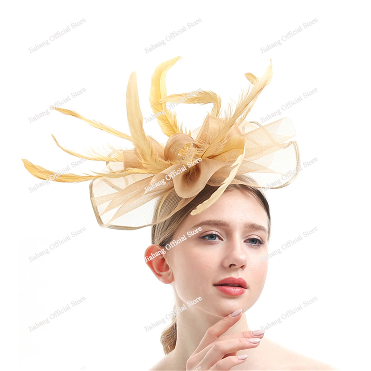 Large Chiffon Fascinators Hat with Feather, Cocktail Tea Party Horse Racing Derby Headwear for Women