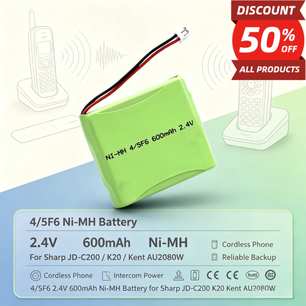 2.4V 600mAh 4/5F6 Ni-MH Replacement Battery Quality 2-Pin Connector for Sharp JD-C200 K20 Kent AU2080W Cordless Phone Battery