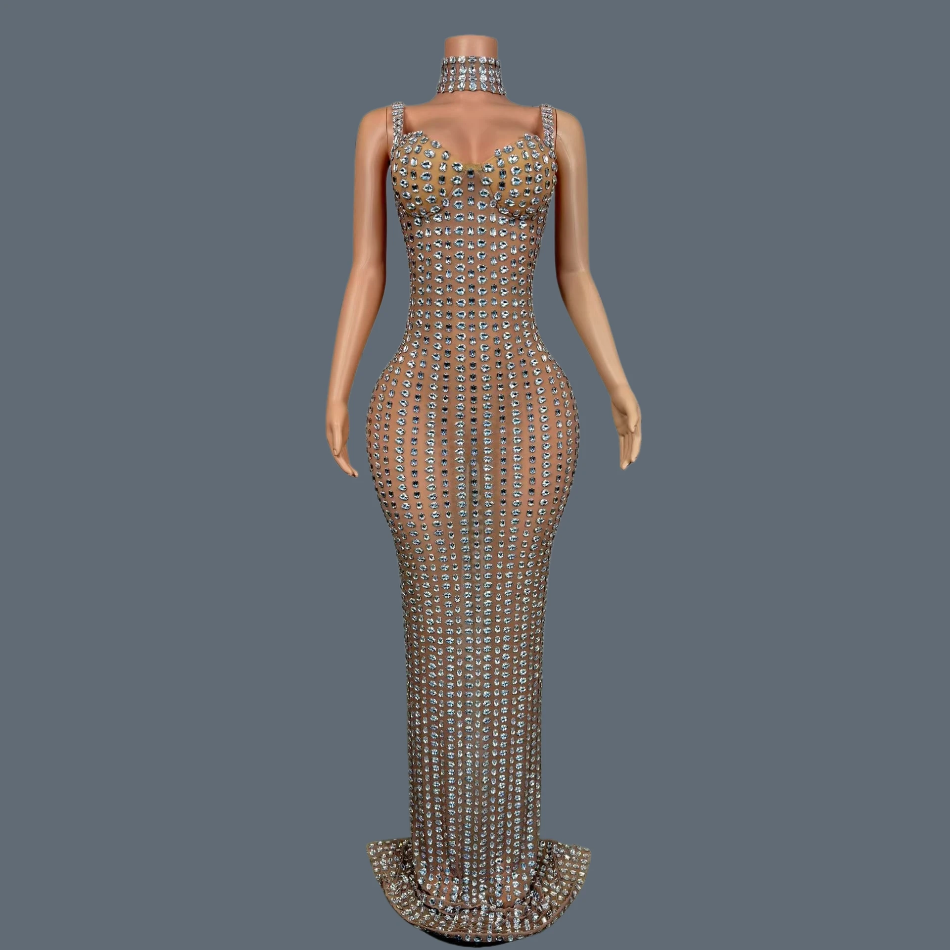 

High-end Women See Through Mesh Sexy Evening Gown Luxury Prom Red Carpet Elegant Sparkly Rhinestone Long Formal Dress Linpian