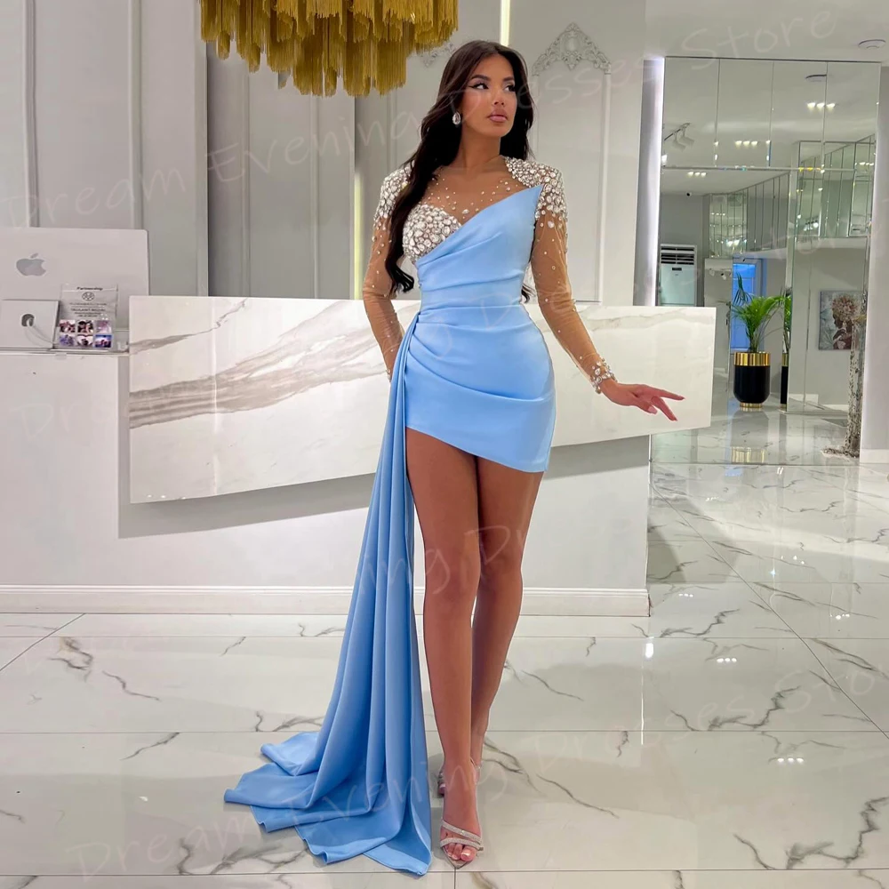 Graceful Sky Blue Mermaid Pretty Women's Evening Dresses Generous Long Sleeve Short Prom Gowns Beaded Pleated Vestido De Noche