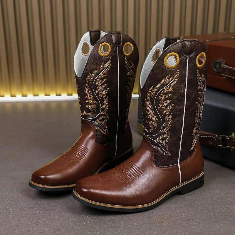 Men's Western Cowboy Boots Square Toe Tall Mid-Calf Design with Vintage Embroidery Pull Holes Stable Block Heel Durable Footwear