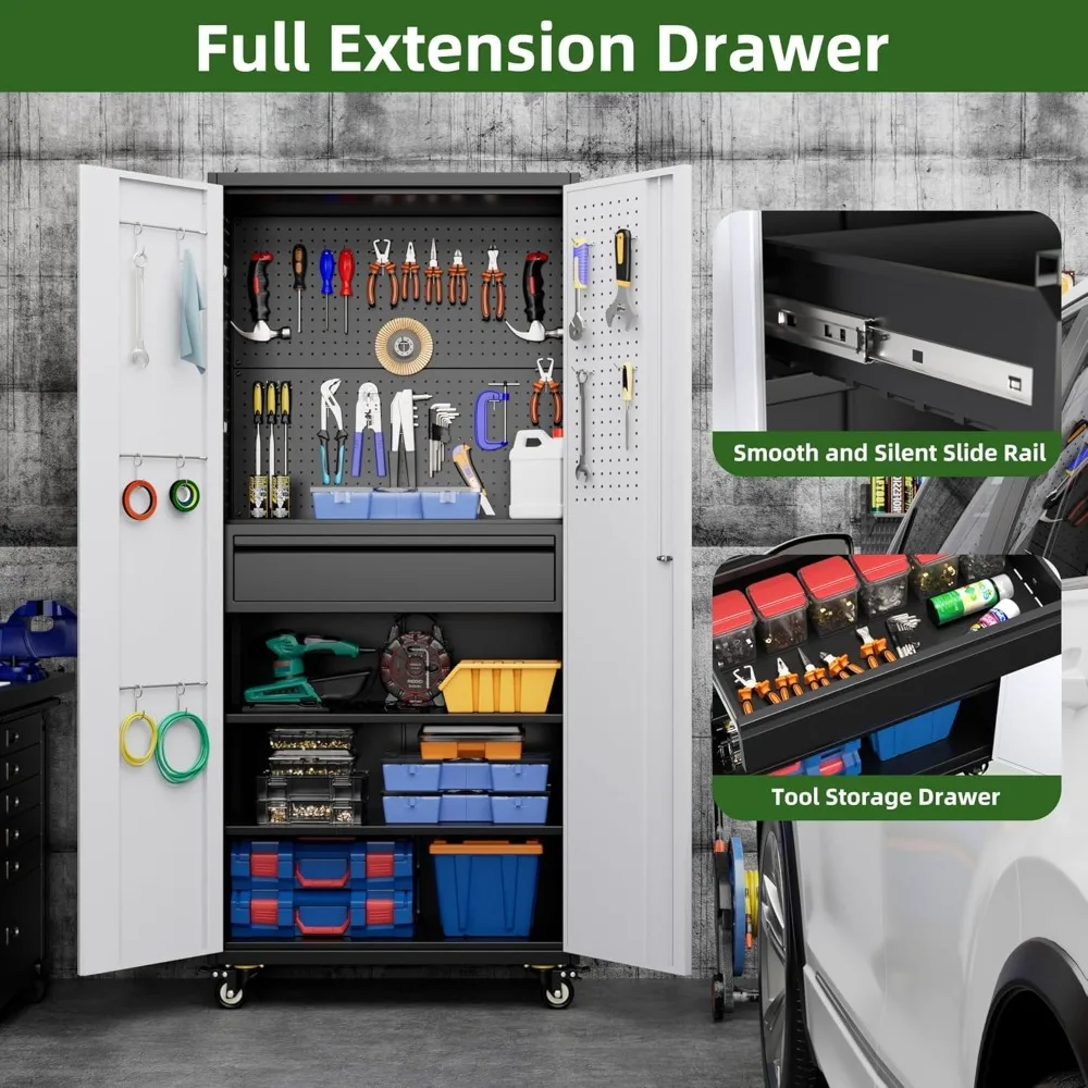 خزانة تخزين جراج بعجلات، خزانة تخزين أدوات معدنية مع درج واحد للمنزل، تتطلب التجميع، أسود ورمادي