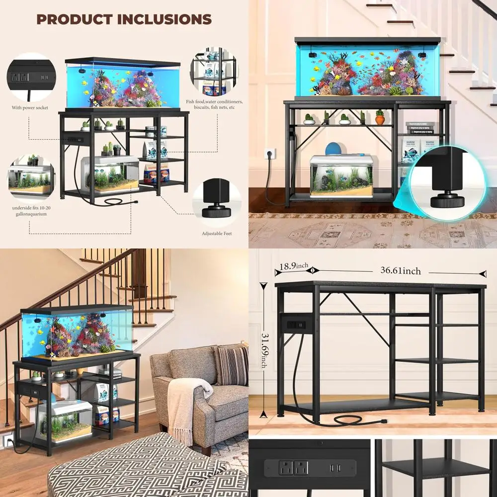 

40-50 Gallon Fish Tank Stand: 1200 lbs Load, Built-in Outlets, 3-Tier Storage, Steel/Wood Hybrid