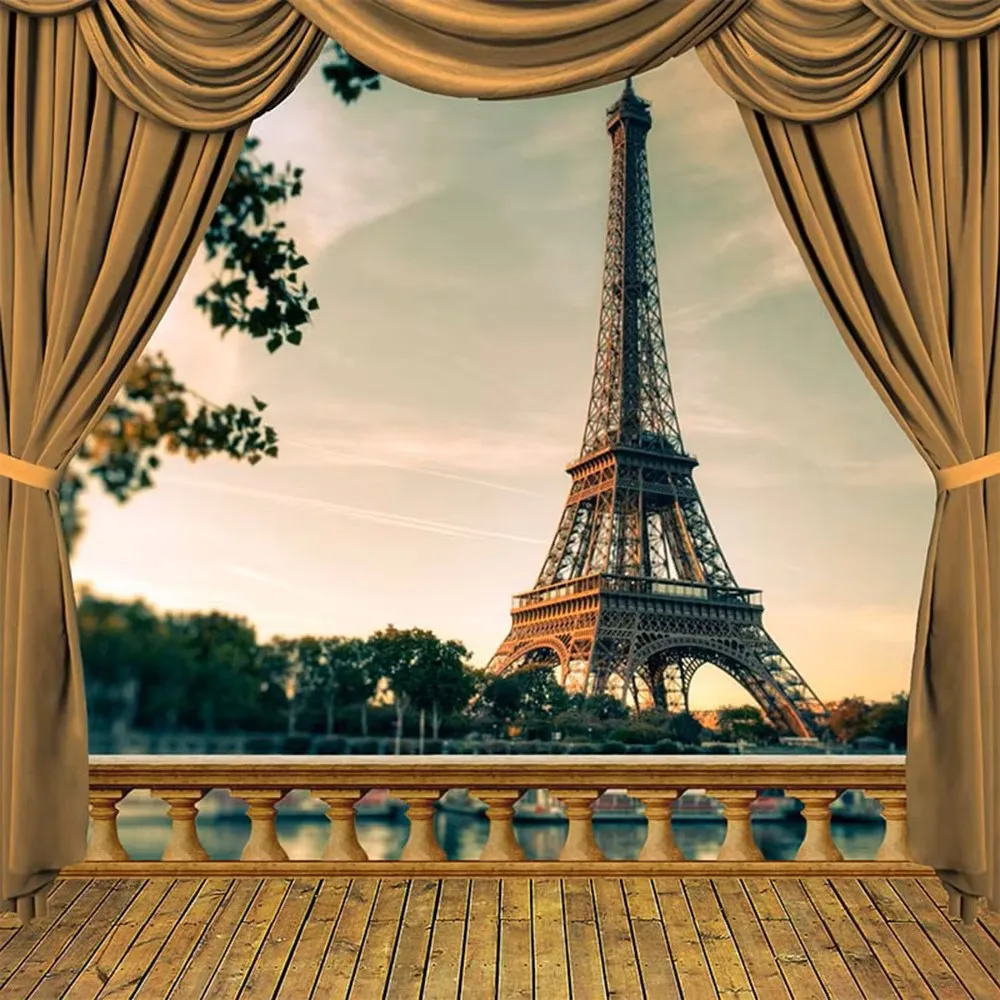 Cymbozin Eiffel Tower Photography Backdrops Printed Brown Curtain Sky Wedding Photo Studio Stage Background Wooden Floor