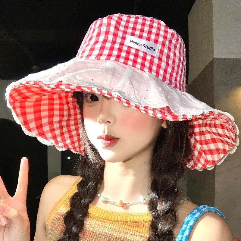 

Korean Version Sweet Lace Plaid Bucket Hat Women's Spring and Summer Outdoor Vacation Large Brim Shade Foldable Sun Caps