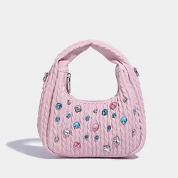 High Quality Pleated Hobo Bag Fashion Women's Handbag Crystal Shiny Diamonds Lady Purse Shoulder Messenger Bag Female Casual Bag