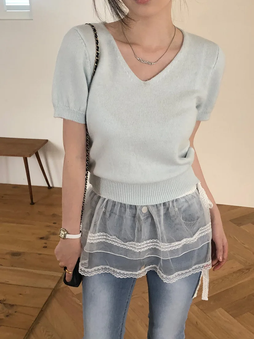 Afslankende V-Ne Knitwear ort Sve Damestop Faionable Chic Koreaanse Sle Loose Fit Polyester Lente Zomer Kleur