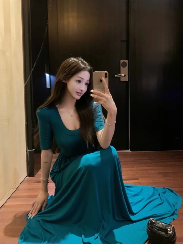 Peacock blue U-neck short sleeved T-shirt dress women's summer temperament slim fit big swing waist cinching A-line skirt