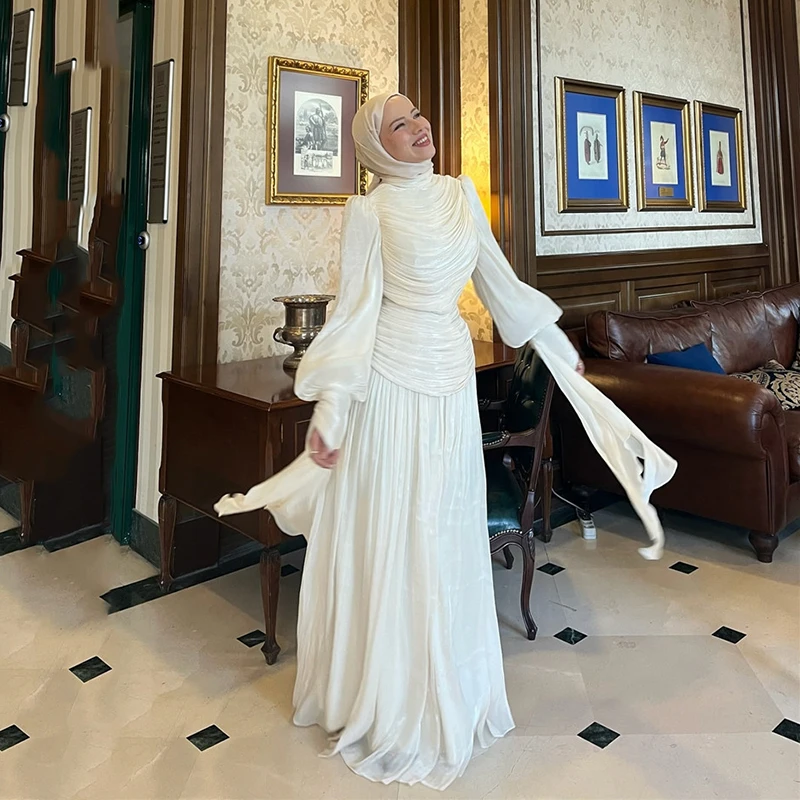 

Smileven Modest Evening Dresses Puffy Long Sleeve Pleats 2026 Prom Dress Pleats Prom Party Gowns 2024 Customized