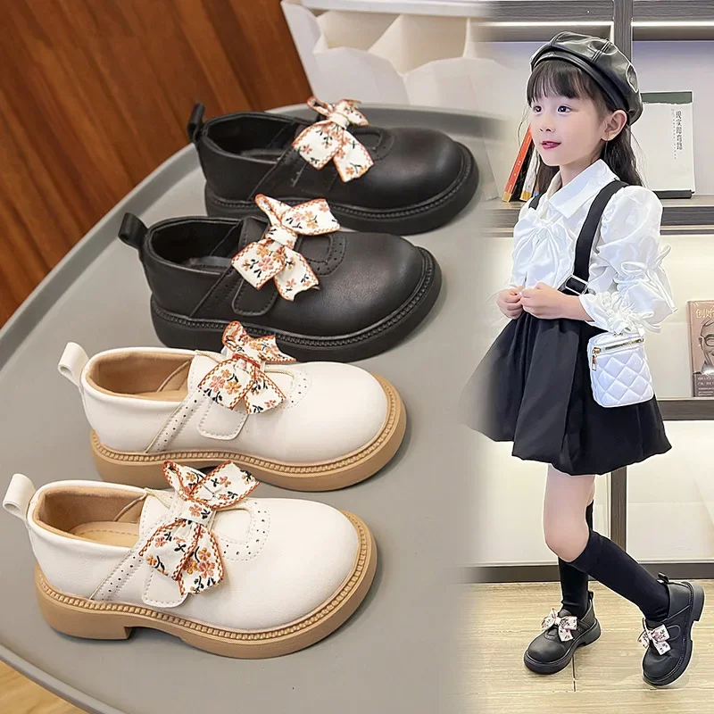 Spring Autumn School Children Leather Shoes Embroider Bow Fashion Single Shoes Soft Sole Comfortable Girls Shoes Kids Mary Janes