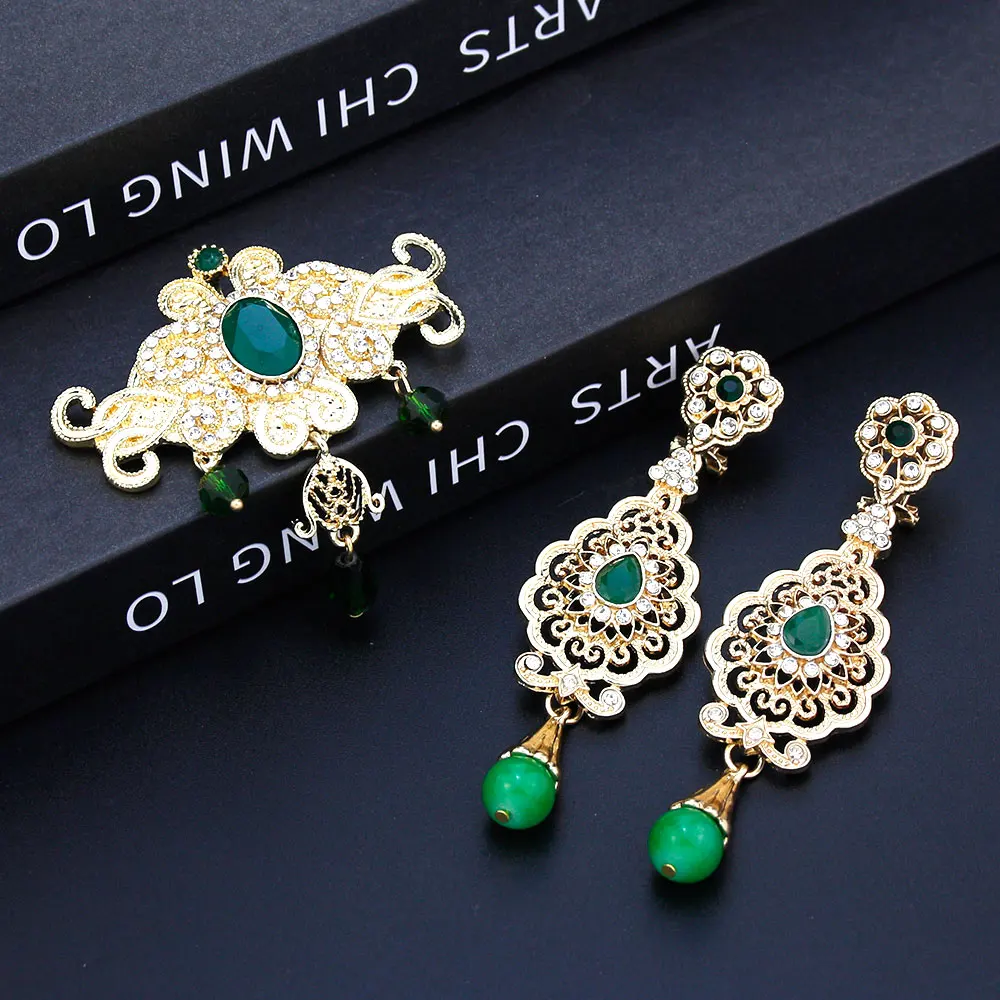Sunspicems Unique Moroccan Jewelry Brooch Earring Set For Women Gold Color Arabic National Style Caftan Brooch Drop Earring