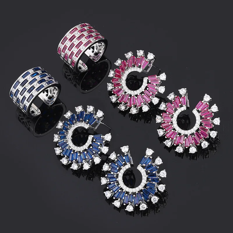 

Sapphire High Carbon Diamond Earrings Adjustable Ring Luxury Woman Jewelry Vintage Sunflower Wedding Birthday Party Accessories