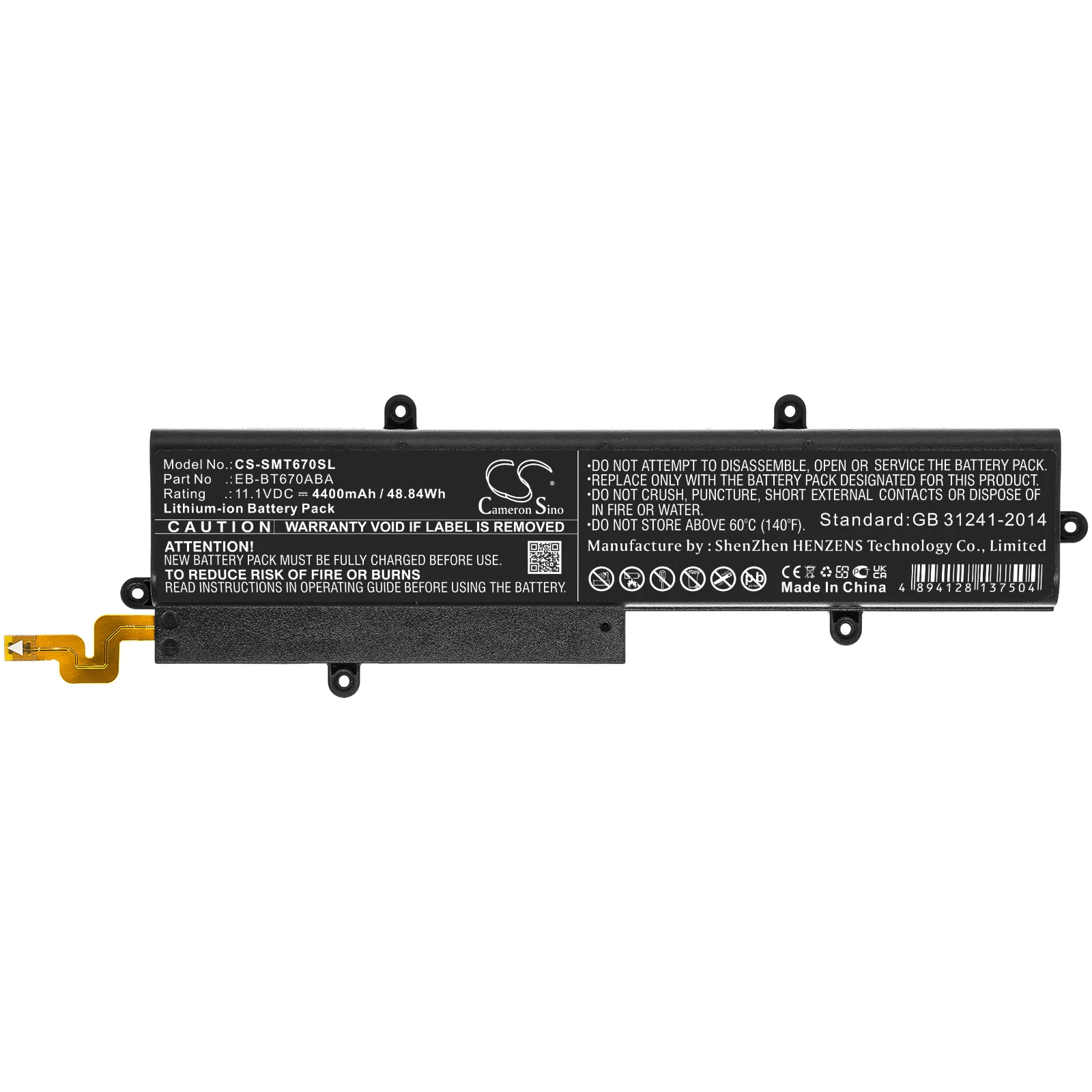 Li-ion Tablet Battery for Samsung,11.1v,4400mAh,Galaxy View,SM-T670,Galaxy Tab View,SM-T677K,EB-BT670ABA,AA1GA12BS,GH43-04548A