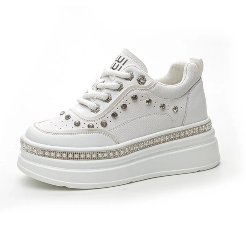 

Women Genuine Leather Casual Bling Chunky Sneakers Platform Wedge Vulcanized Autumn Spring Hidden Heels Ladies Shoes