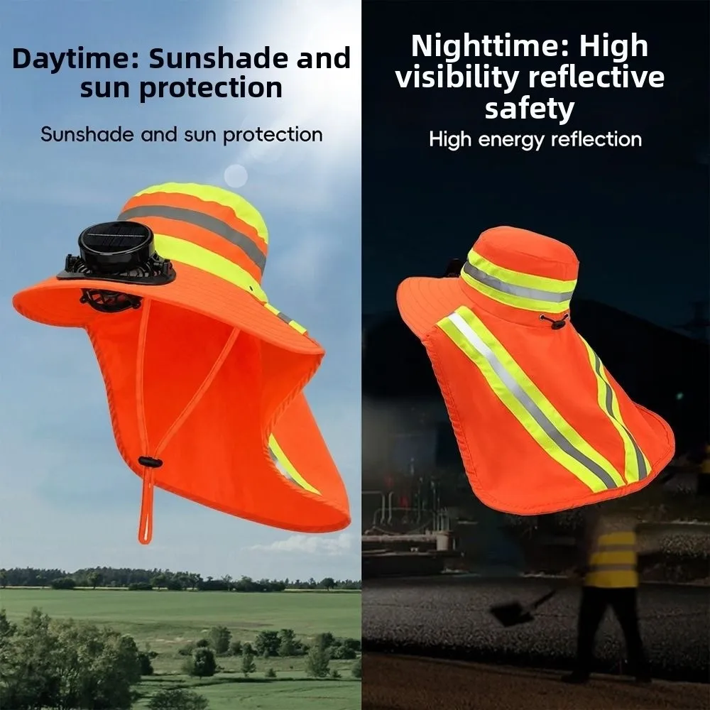 Fashion Wide Brim Solar Fan Hat with Neck Shawl Reflective Strips Bucket Hat Quick Dry Large Size Sunscreen Hat Outdoor