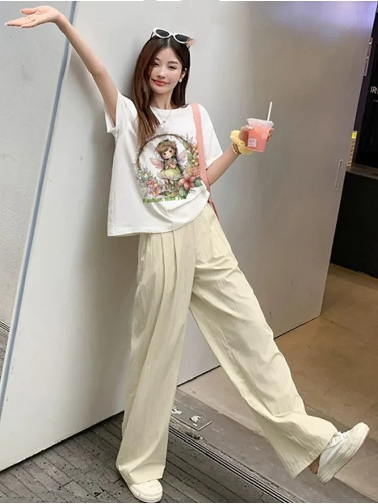 Spring and summer women's set fashionable casual printed top+Yamamoto pants wide leg pants two-piece set for women