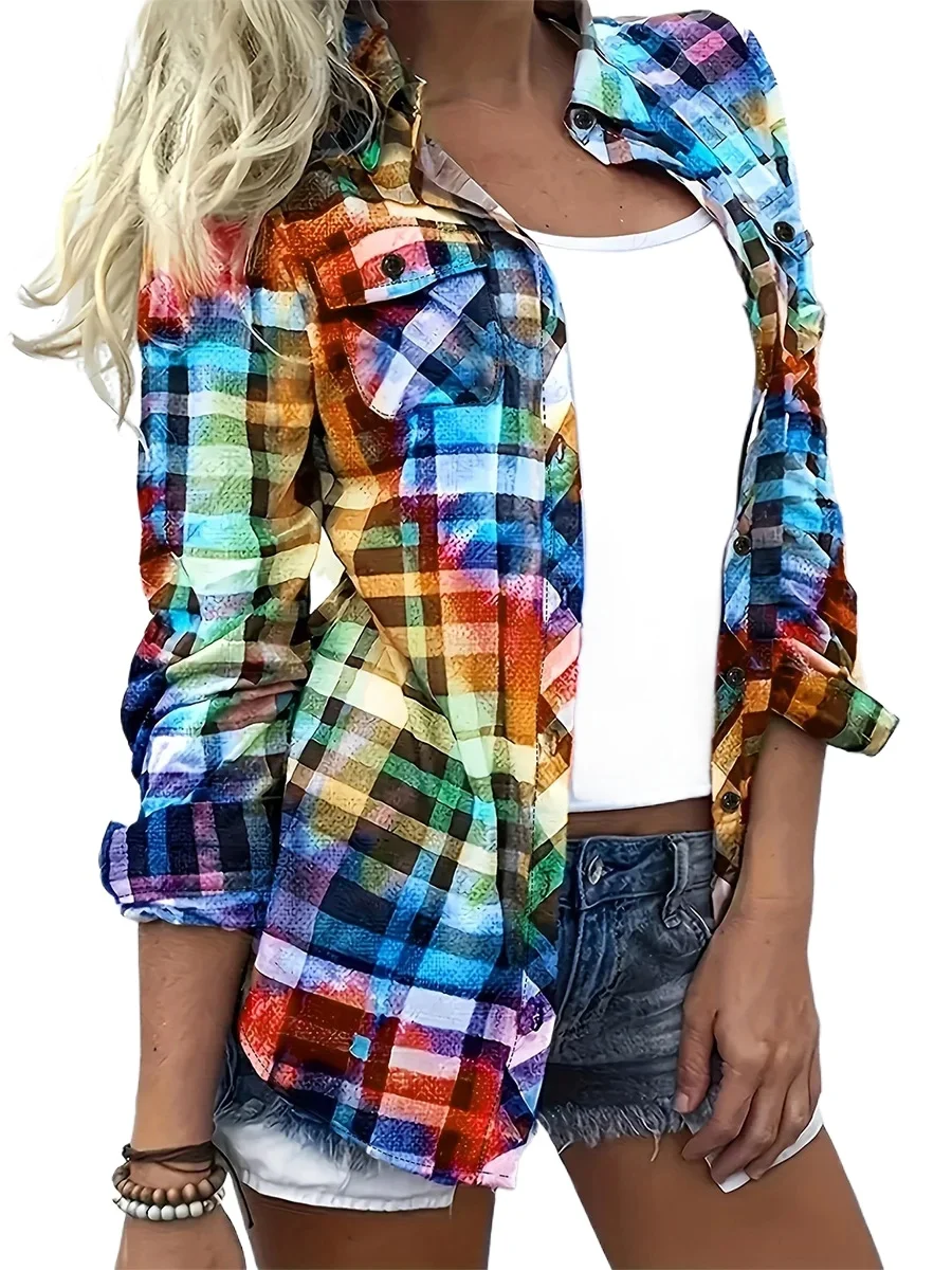 Plus Size Women Plaid Shirt Long Sleeve Button Down Casual Blouses Autumn Winter Vintage Checkered Print Tops Streetwear Fashion