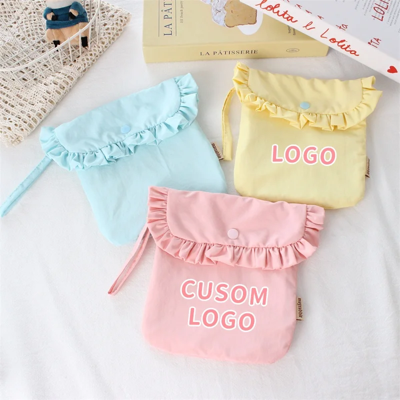 Custom Logo Ruffle Trim Storage Pouch Snap Button Cosmetic Makeup Bag Portable Sanitary Napkin Organizer Hand Pouch Wholesale