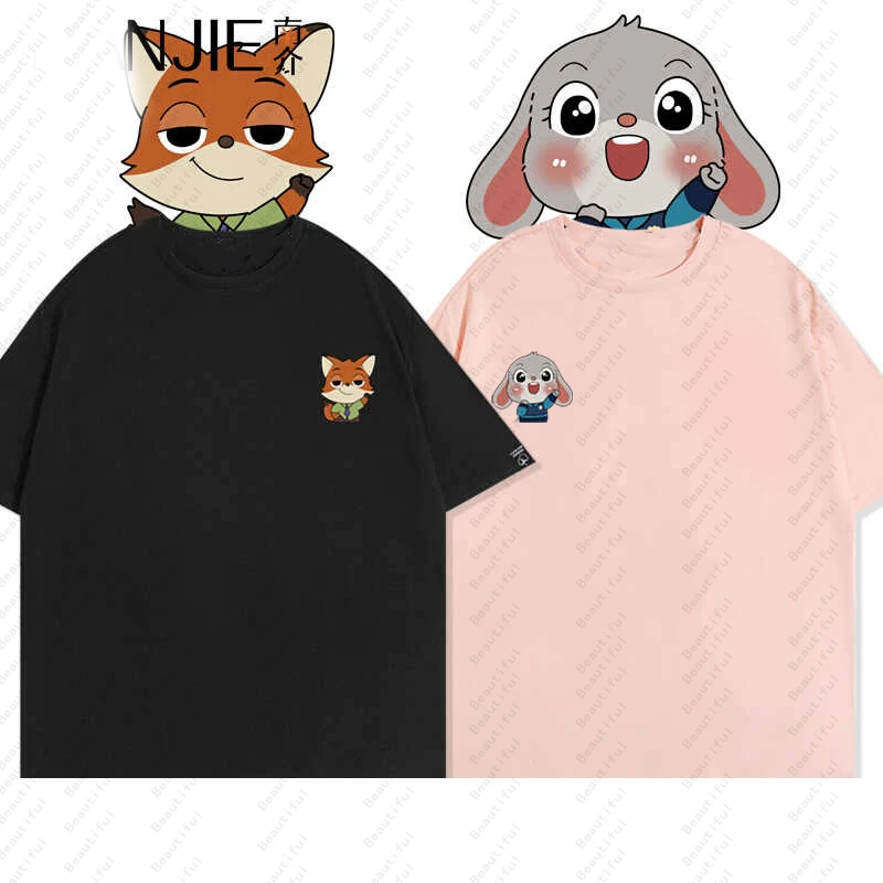 （Miniso）Disney Zootopia Nick Judy Lovers Short-Sleeved T-Shirt For Men And Women Small Simple Version Of Loose Half-Sleeve Tees