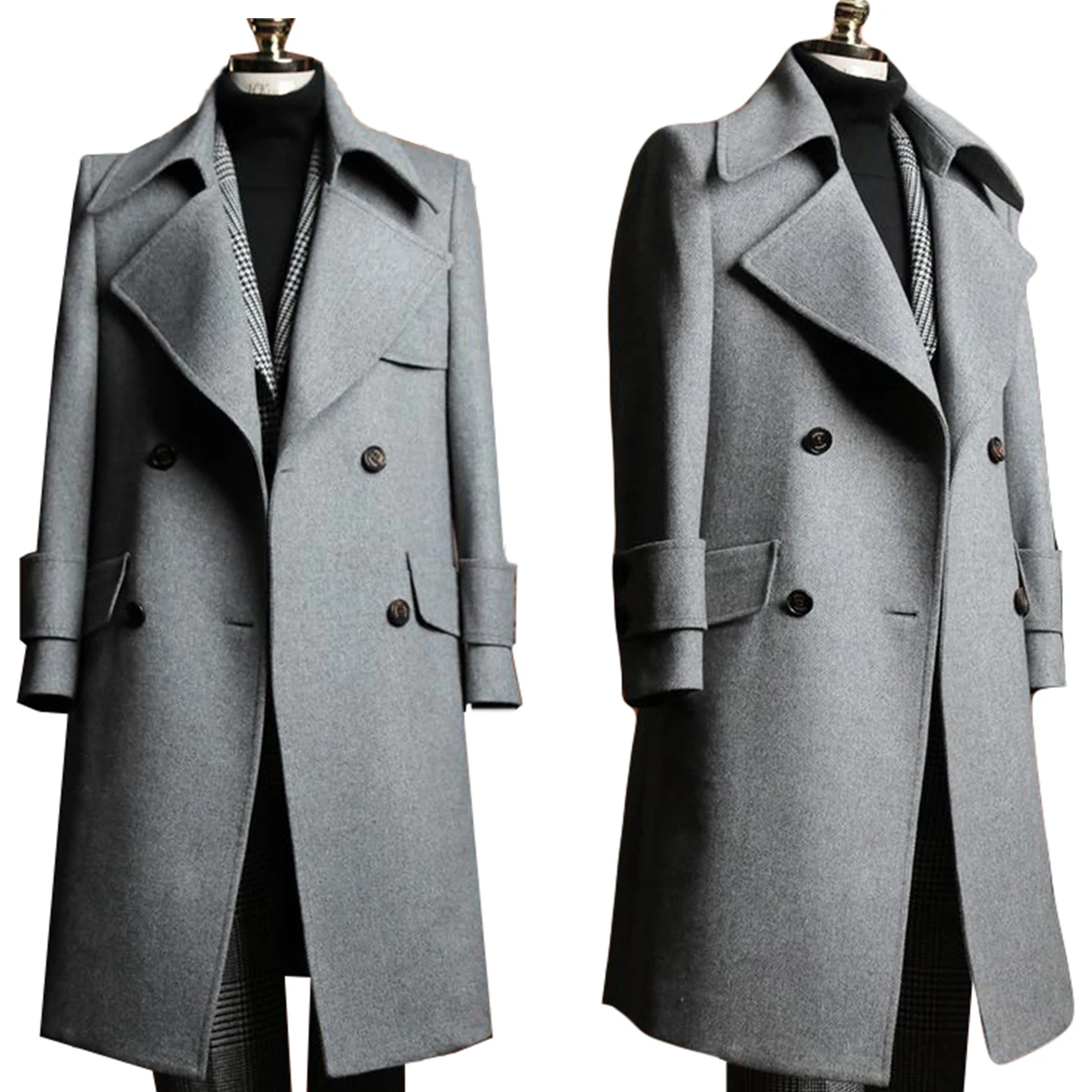 

Fashion Grey Woolen Blend Coat Men Over Jacket Overcoat Double Breasted Long Plus Size Warm Formal Business Costume Customized
