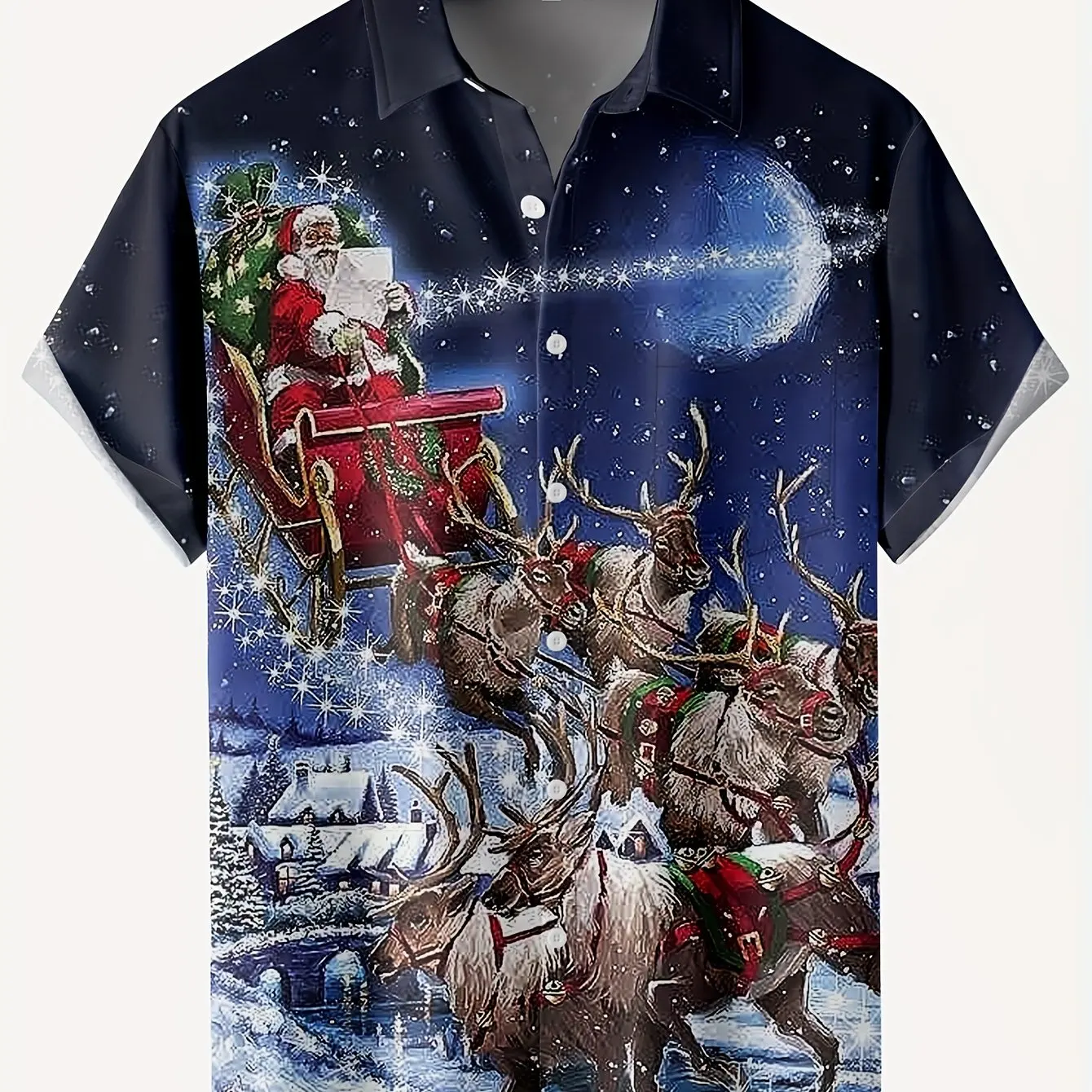 Hawaiian Santa Claus and Elk Creative Painting Pattern Men's Summer Short Sleeve Lapel Shirt