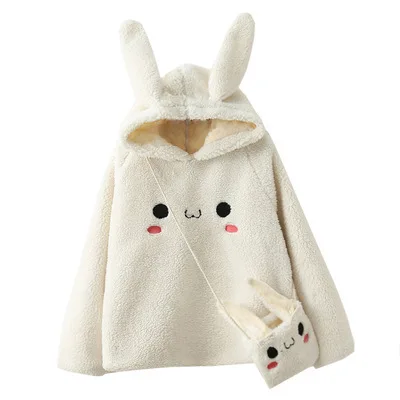 Kawaii Rabbit ears Hoodies for Women Warm Long Sleeve Sweet Rabbit Bag Hooded Female Autumn Winter Korean Loose Cute Sweatshirt