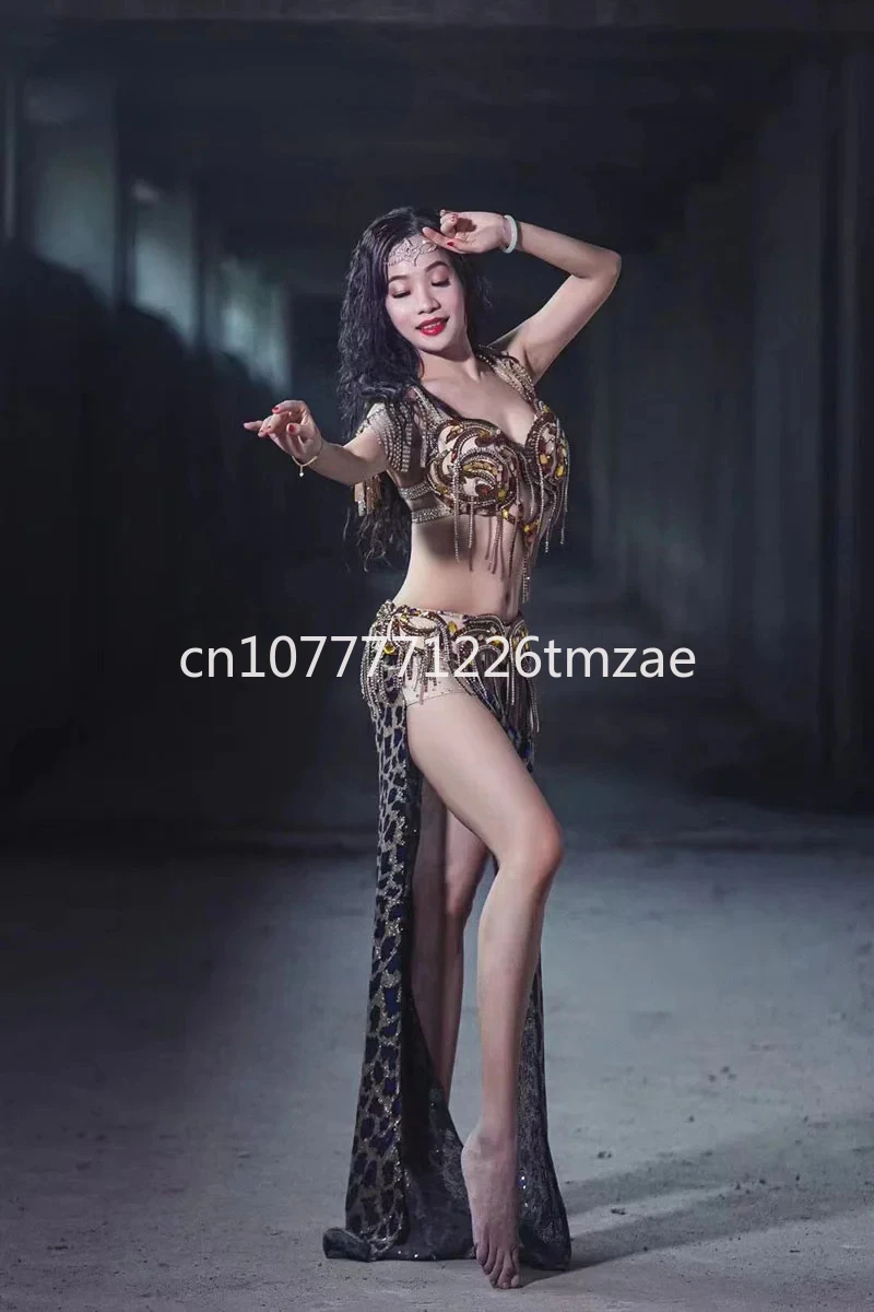 

Performance Set Clothing Senior Stones Bra Belt Split Long Skirt 3-Piece Suit Belly Dance Group Competition Clothing