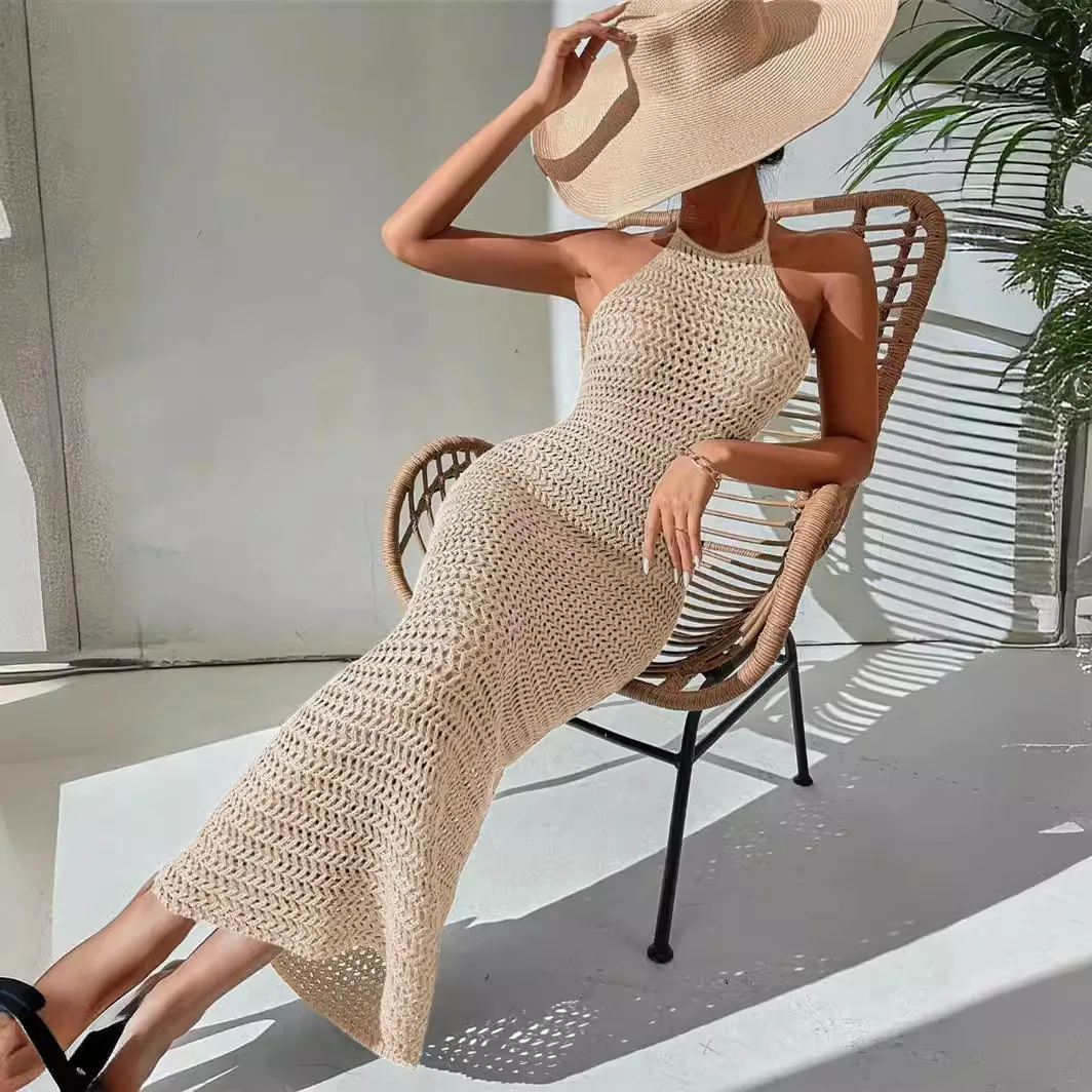 

Women's Knitted Dress Spring/Summer Solid Color Hanging Neck Strap Bareback Slim Fit Sexy Hollow Dress Holiday Beach Sun Skirt