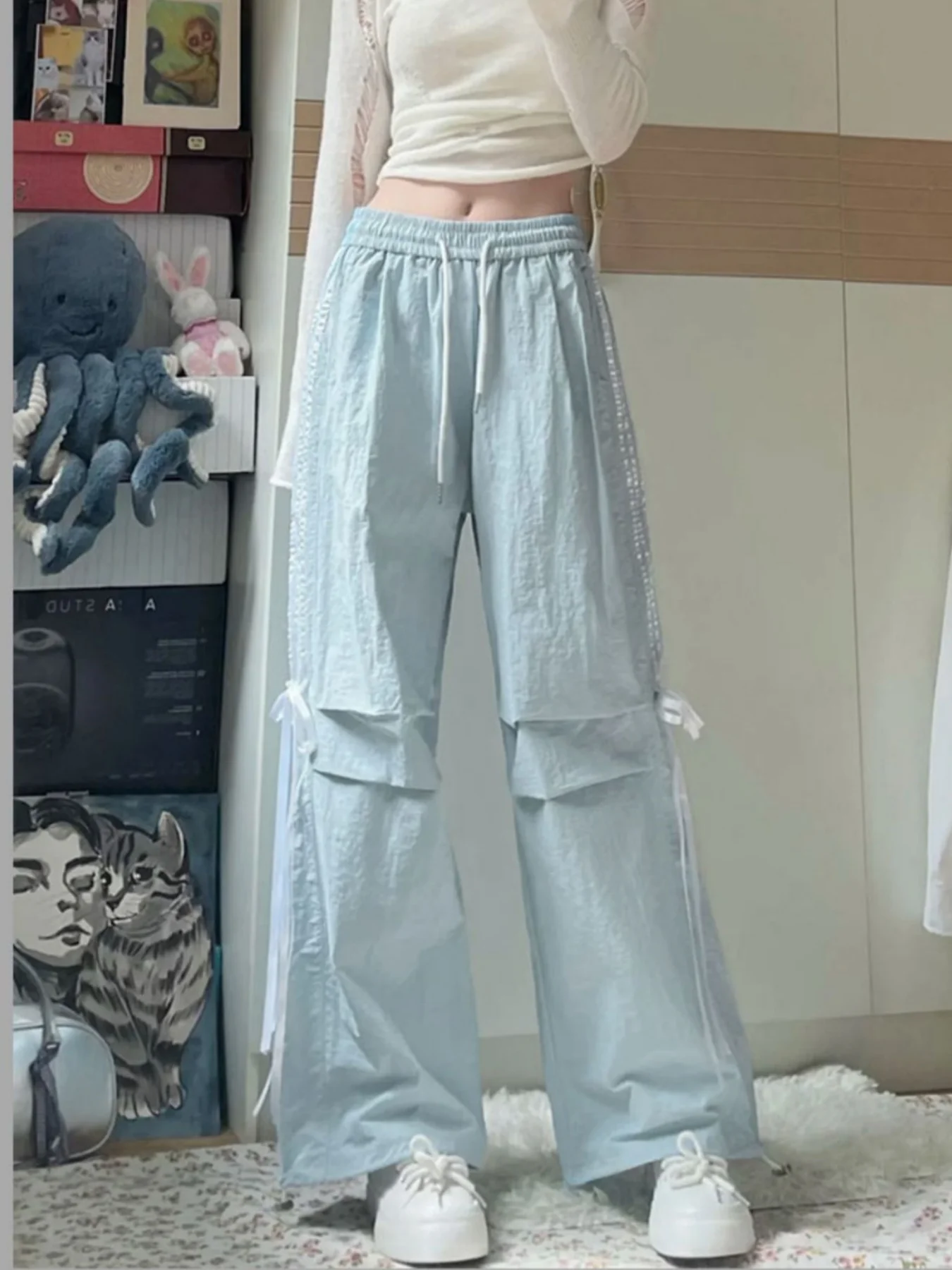 American-Style Fresh Bow-Knot Casual Pants for Women, New Loose Dopamine Quick-Dry Casual Thin Wide-Leg Sports Cargo Pants for Spring and Autumn