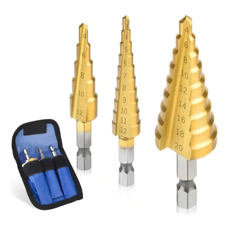 HSS Step Drill Bit Set 4-32mm 4-20mm 4-12mm Titanium Coated Metric Cone Drill Bits with Storage Bag for Metal Wood Plastic
