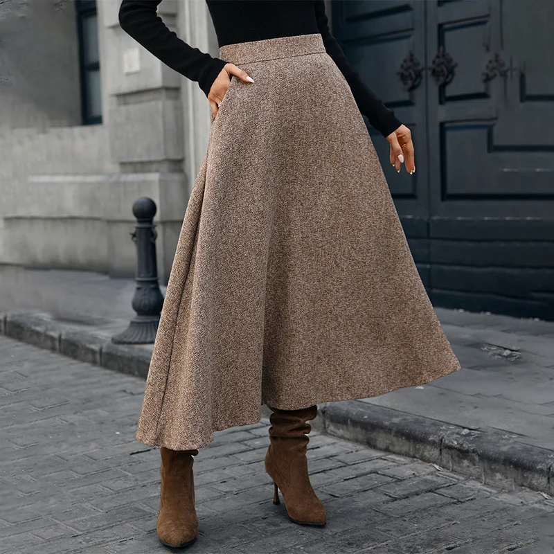 

BKLD Autumn Winter Retro High Waisted Pleated Skirt Women's Casual Pocket Woolen Maxi Skirt Temperament Street Commuter Clothing