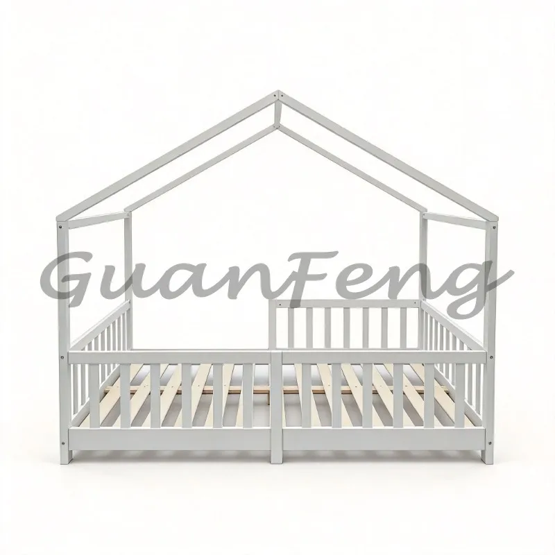 Solid wood children's floor bed, toddler bed frame in shape, with guardrail, twin bedroom furniture for little girls