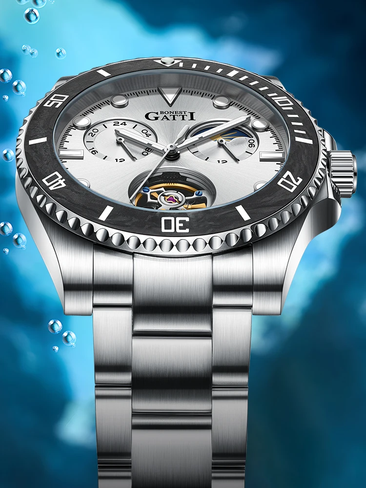 BONEST GATTI 남자 자동 시계 42mm 기계식 손목 시계 사파이어 빛나는 탄소 섬유 베젤 24 시간 주야간 다이얼