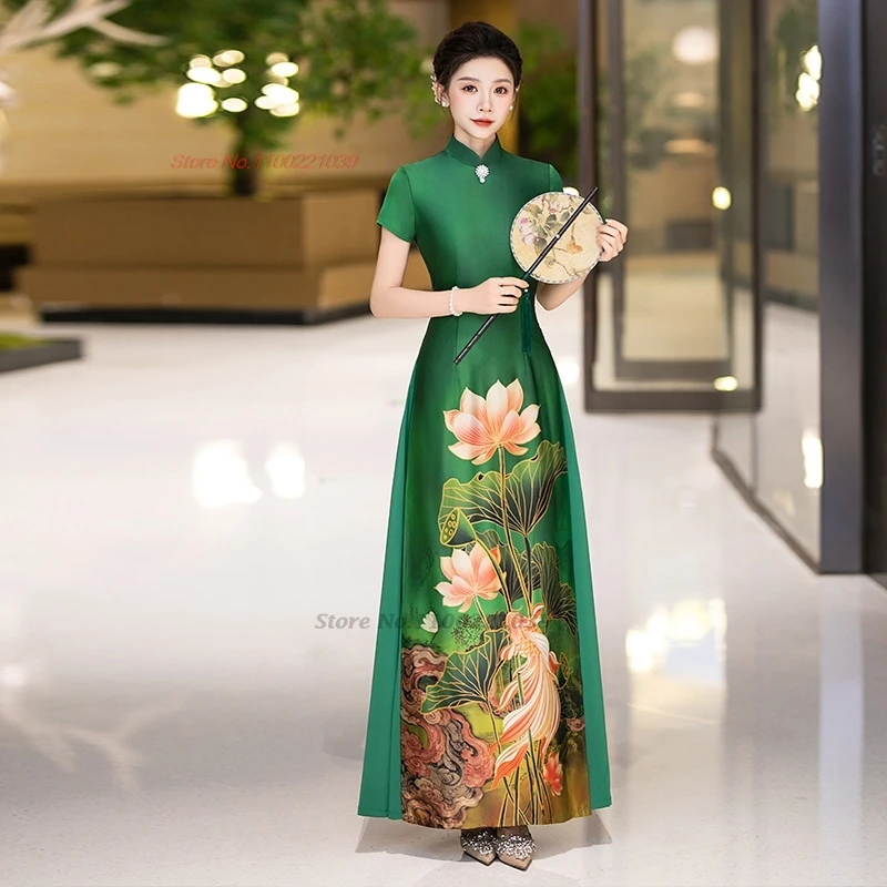 

2025 vietnam traditional aodai a-line dress chinese improved qipao national crane print cheongsam dress banquet evening dress