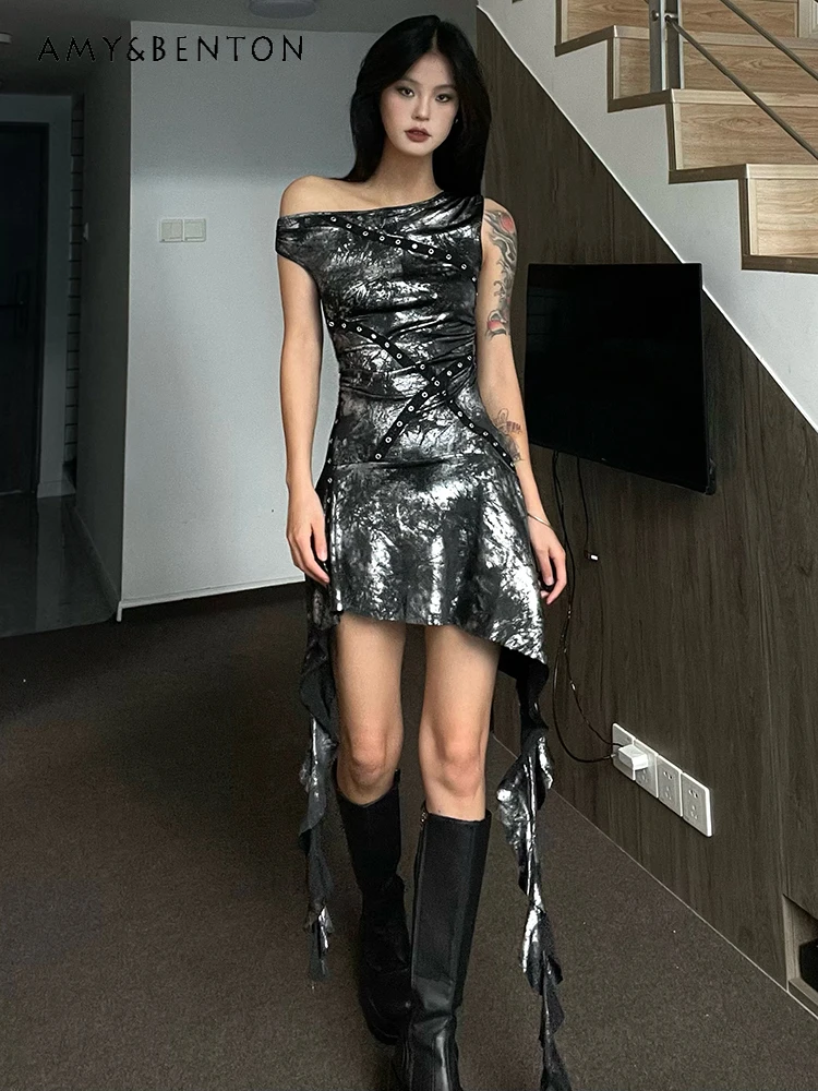 

Dark Metal Wind Slant Neck Off-Shoulder Women's Dress High Waist Slim Ribbon Irregular Street Style Short Dress