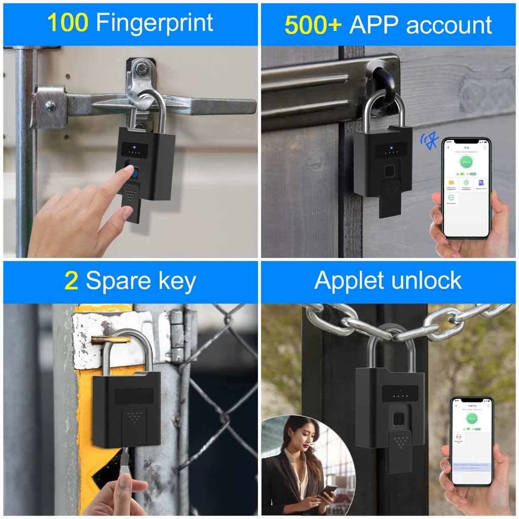 Imagem -02 - Heavy-duty Cadeado de Impressão Digital Inteligente Segurança à Prova Dágua Quick Identification Unlock Tipo-c Recarregável Anti-theft Lock