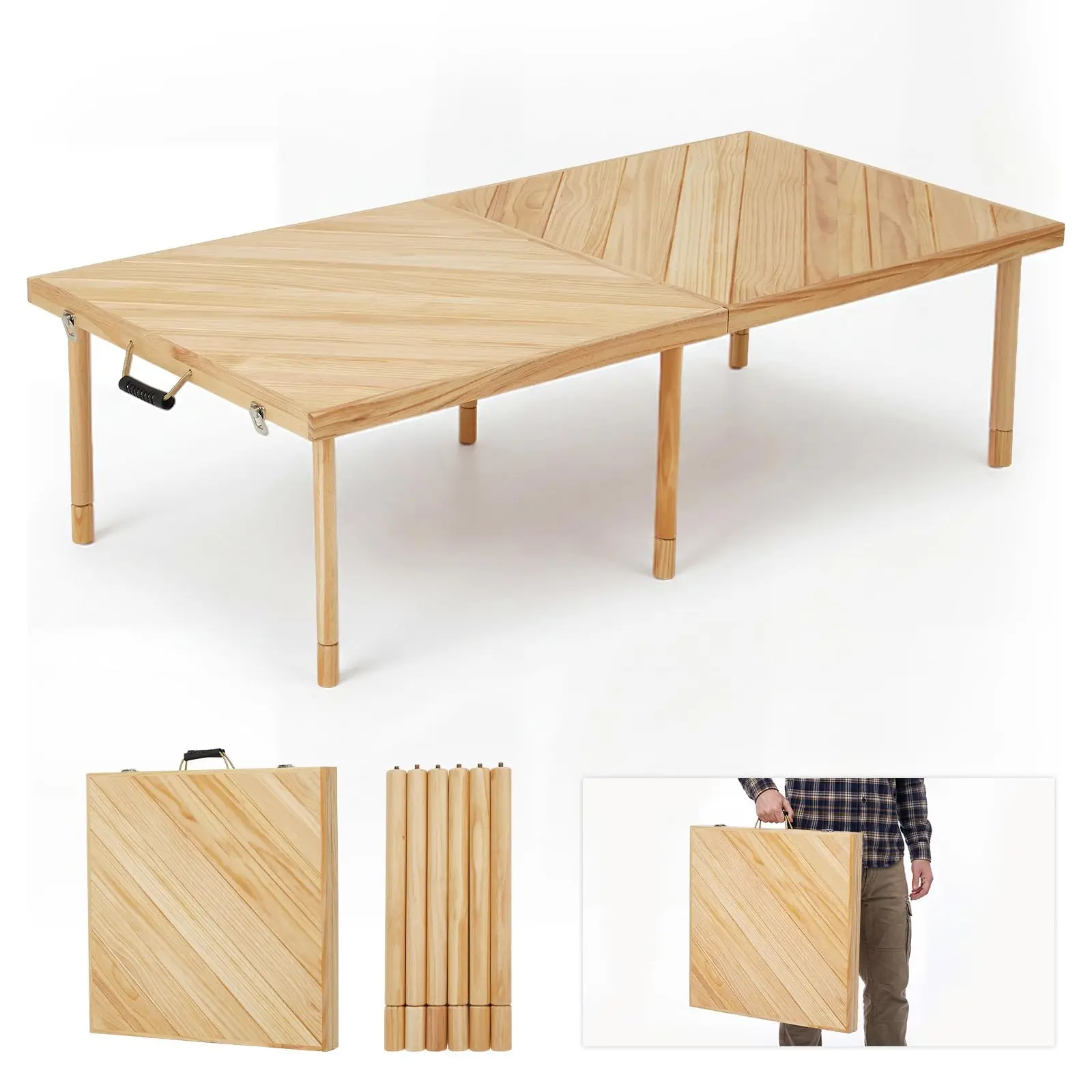 44/60in Solid Wood Folding Picnic Table, Adjustable Height Portable Low Table With Carry Handle, Compact Outdoor Camping Beach Table