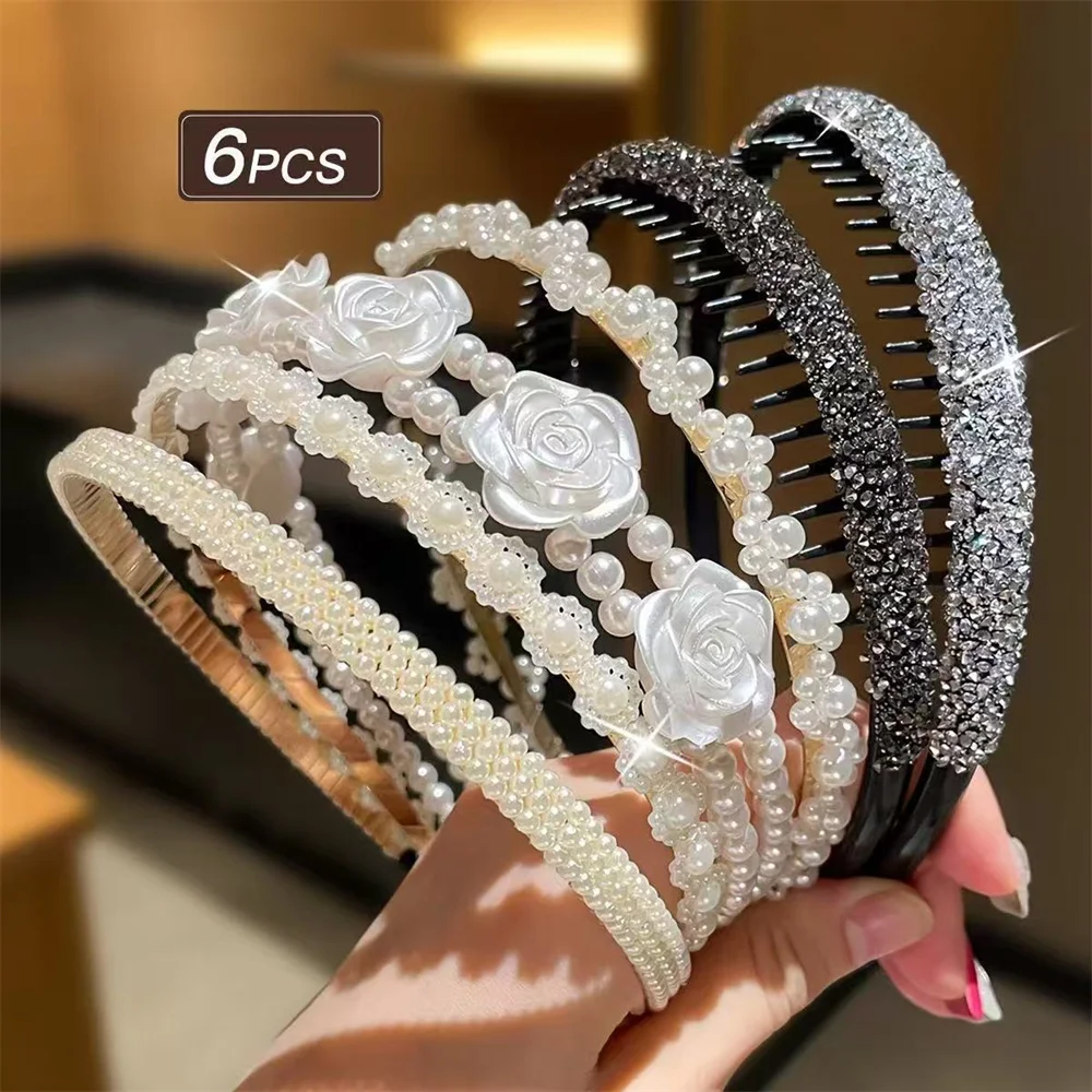 

Набор из 6-х резинок для волос; широкая повязка на голову с жемчугом, розами и кристаллами; модный и универсальный аксессуар для волос