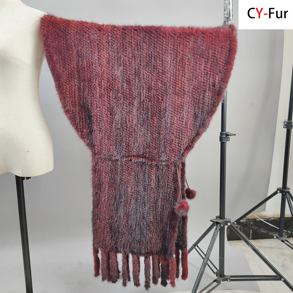 

2024 New Winter Fashion Knitting Genuine Mink Fur Shawl Long Style Soft Warm Fur Scarf Shawls Women 100%Natural Mink Fur Scarves