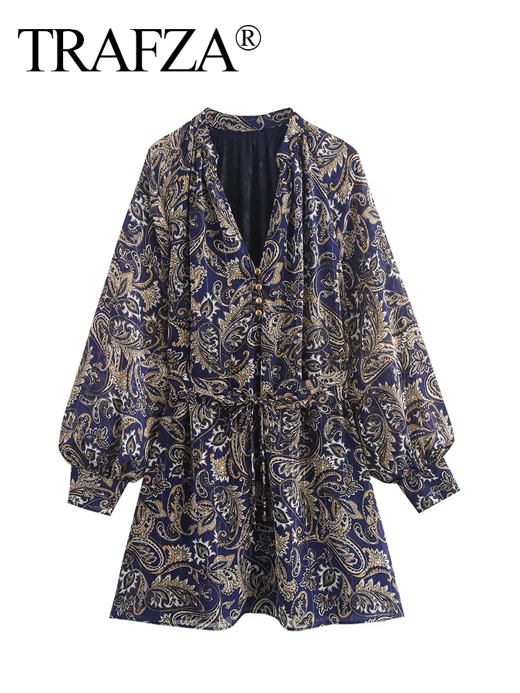 TRAFZA Summer Women Fashion Paisley Printing Long Sleeves Mini Dress Woman V-Neck Single-breasted Pleated Design Dress Mujer