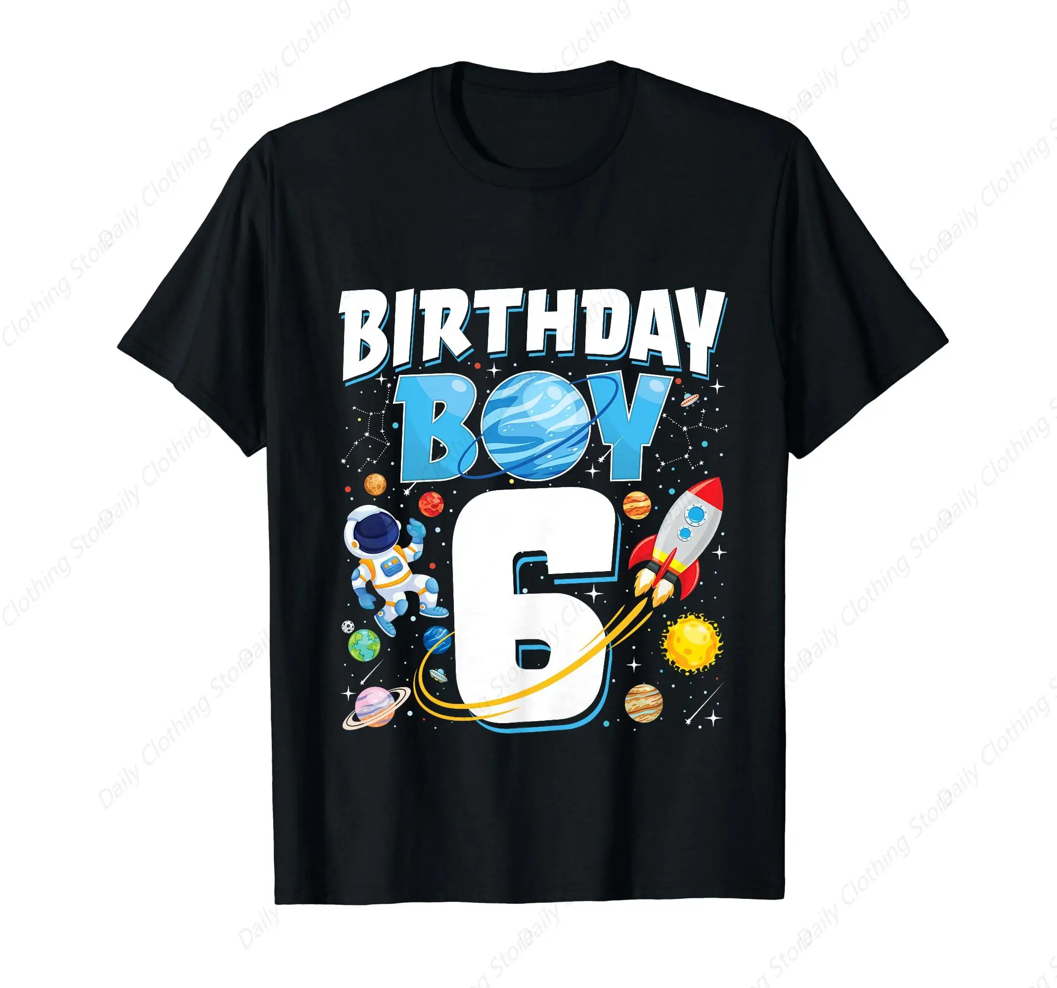 Boys 6th Birthday Astronaut Space Planets Six Years Old T-Shirt Funny Graphic Clothing Gifts Short Sleeve Outfits Tops