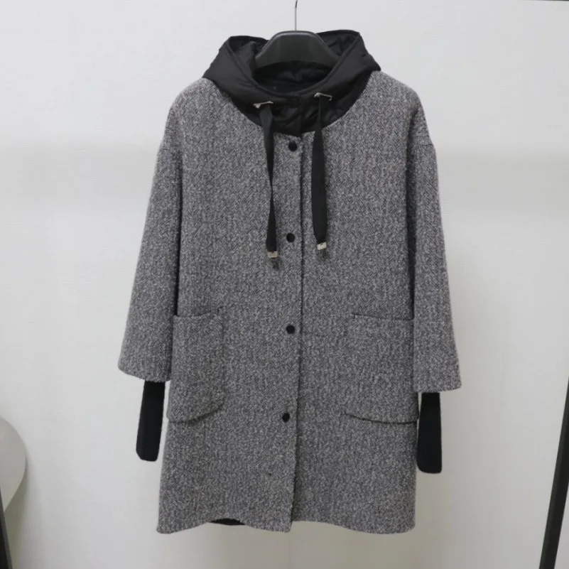 

Women's Autumn Winter Chic Hooded Long Sleeve Wool Coat Lady Patchwork Single Breasted Loose Wool Outwear