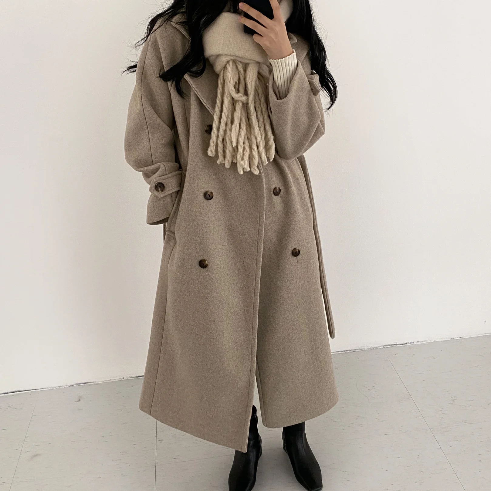 

Chic Retro Sle Women's Woolen Coat Stand Collar Double Breasted Waist Cinched mid Length Long Sve Commute Faion